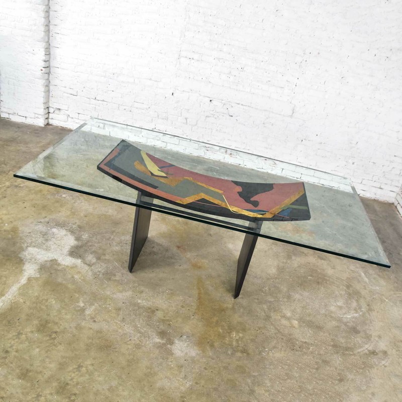 Italian Dining Table by Pietro Costantini Black Lacquer & Geometric Inlay
