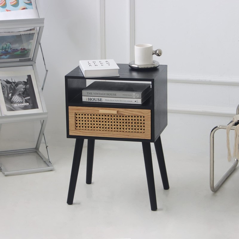 Mid Century Modern End Table with Rattan Drawer & Shelf, Small Side Table for Li gallery