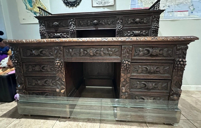 Antique 19thC French Renaissance Revival Carved Oak Pedestal Desk Bacchus LOCAL gallery