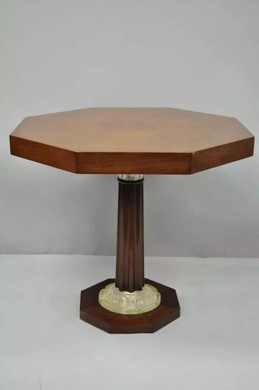 Art Deco Grosfeld House Style Octagonal Mahogany & Lucite Pedestal Side Tables gallery