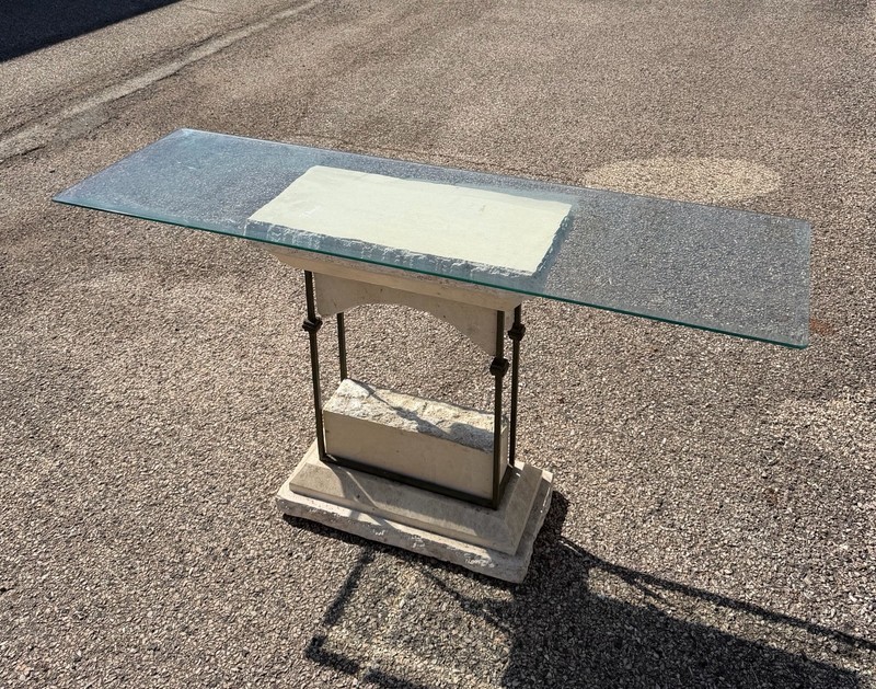 Vintage Postmodern Travertine & Glass Console Table 52” Sculptural Table