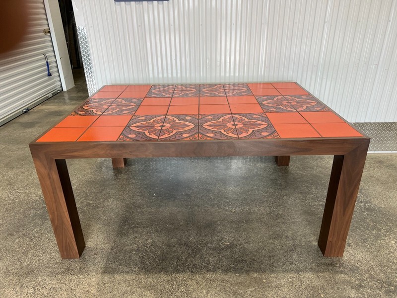 LARGE MOD 1970’S ORANGE TILE TOP WALNUT VENEERED DINING TABLE