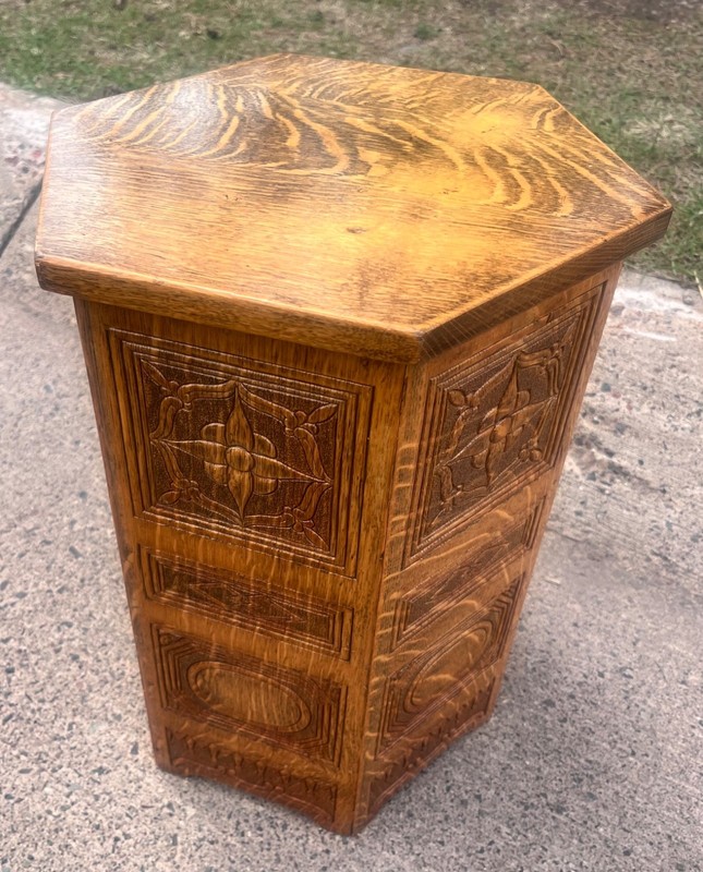 Antique 1910s Arts & Crafts Carved Oak Hexagon TABOURET Plant Stand Side Table