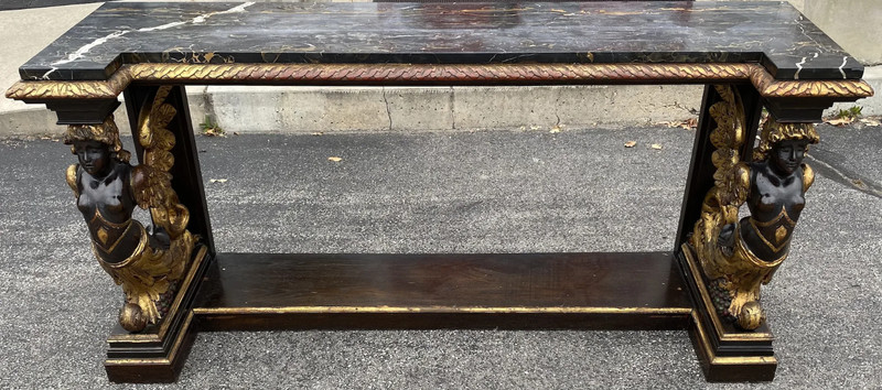 19th/20th c Gilt & Ebonized Marble Top Pier Table with Winged Caryatid Supports gallery