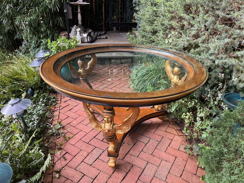 Large French Center Table -19th Cent- 3 hand carved Caryatids -beveled glass top gallery