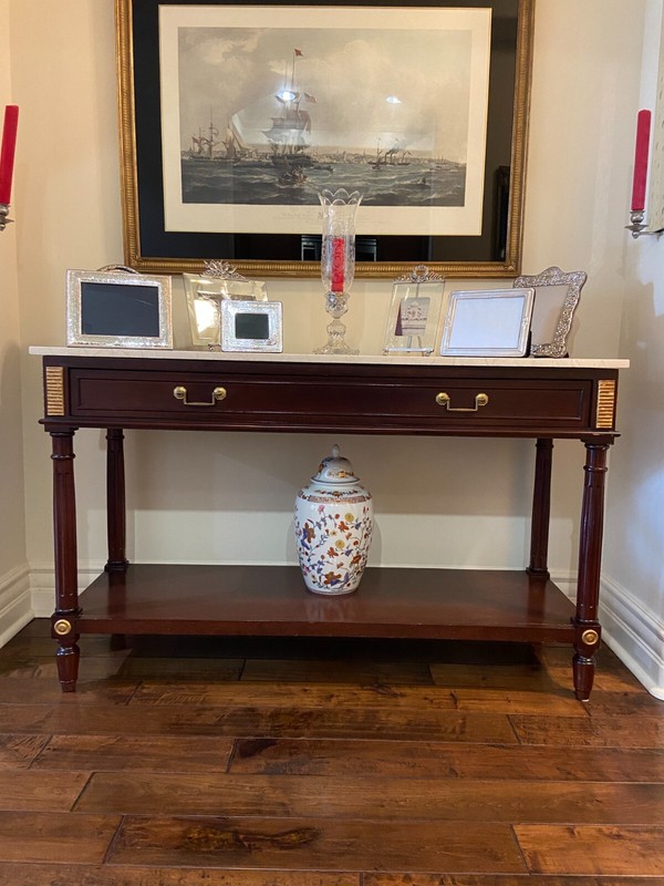 Vintage Wood Console Table with Marble Top, Gold Leaf Paint and Brass Accents gallery