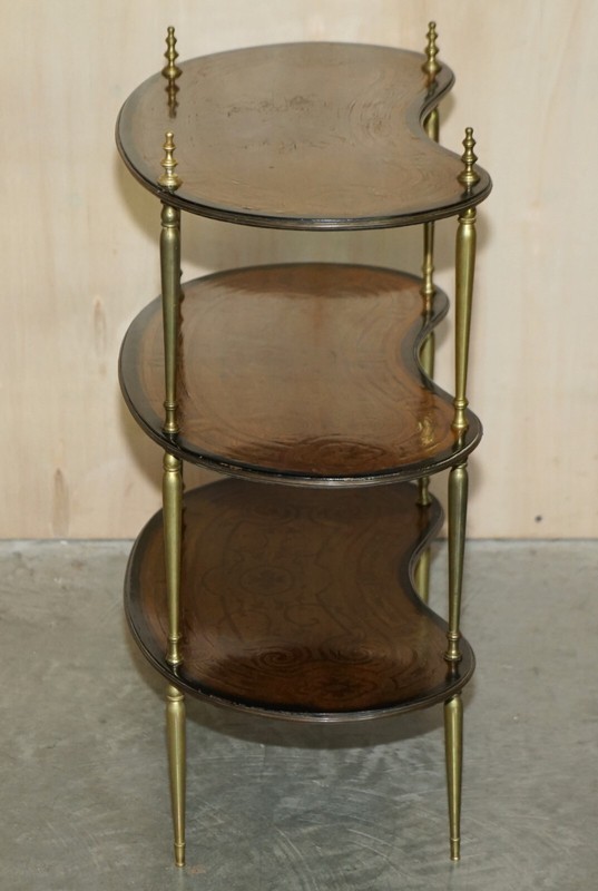 FINE PAIR OF ANTIQUE CONTINENTAL THREE TIER KIDNEY SHAPED BRASS ETAGERE TABLES gallery