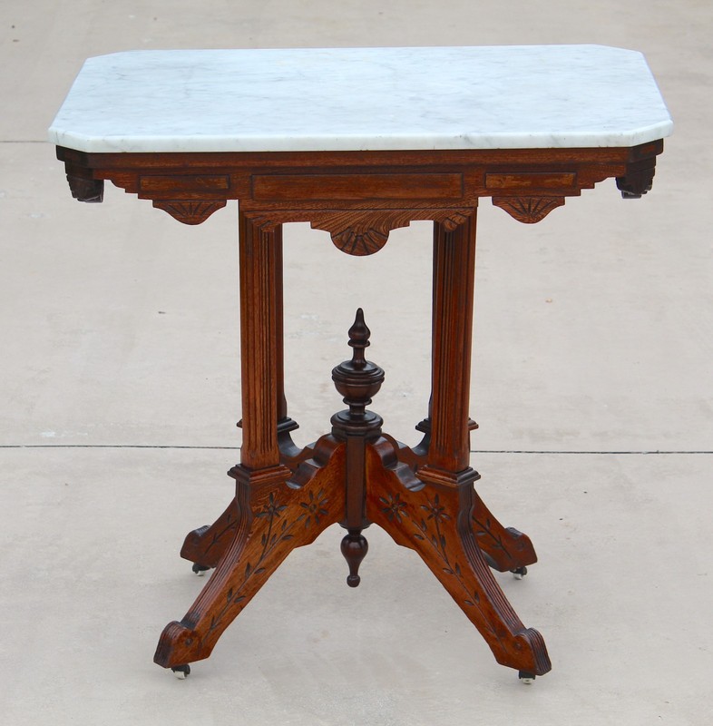 Antique Victorian Eastlake Marble Top Parlor Table | Carved Walnut Side - 1880 gallery