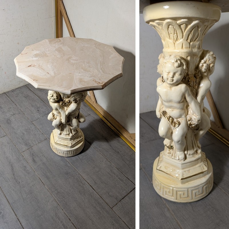 Vintage Hollywood Italian Regency Cherub Pedestal Table Scalloped Faux Marble C2