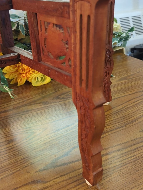 Vtg Side Coffee Table Brass Carved Wood MCM Large Round Asian Folding Base gallery