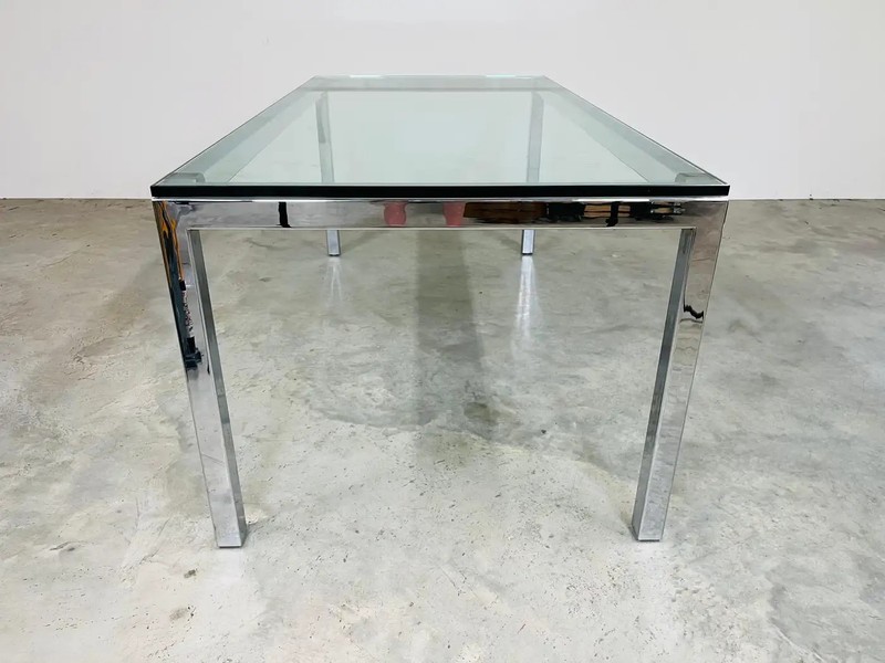 Mid-Century Milo Baughman Style Chrome And Glass Top Dining Table By Tri-Mark gallery