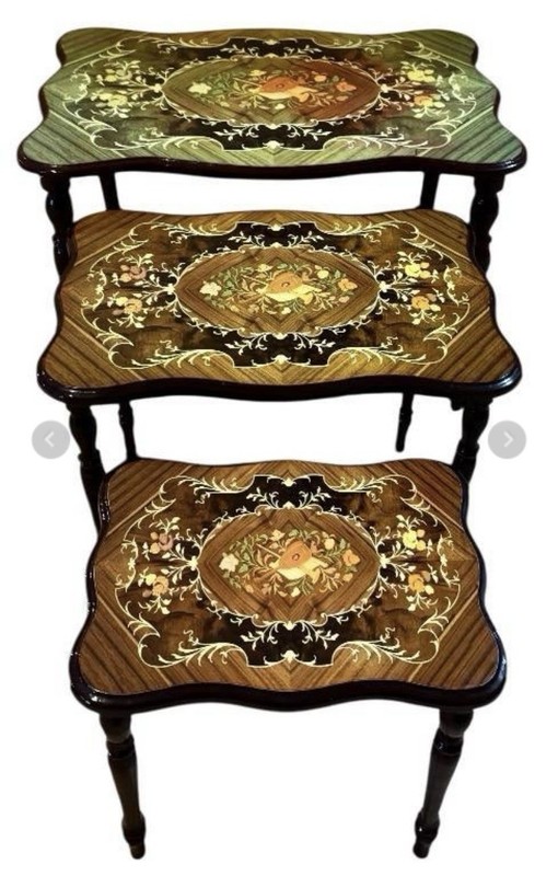 3-Piece Nesting Tables - Inlaid Floral Marquetry, Dark Wood gallery