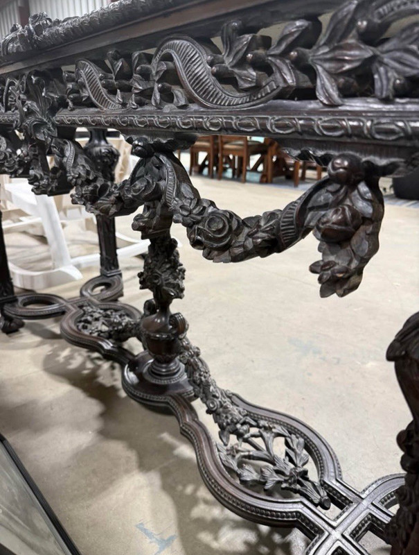 Monumental Hand-Carved Wood Console Table With Heavy Marble Top gallery