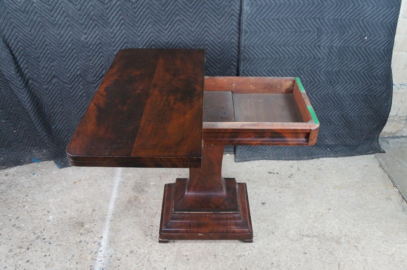 Antique 19th Century American Empire Crotch Mahogany Game Card Console Table gallery