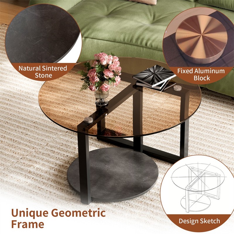 2 Tier Modern Coffee Table Circle Accent Table Marble Center Table Lounge Office gallery