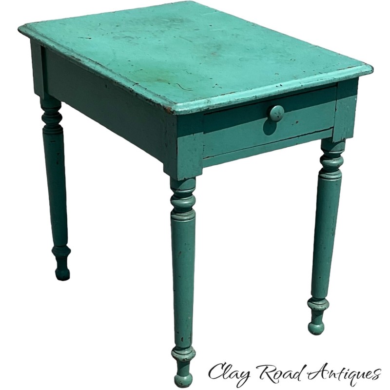 antique greem paint work table night stand drawer sheraton folk art 1830