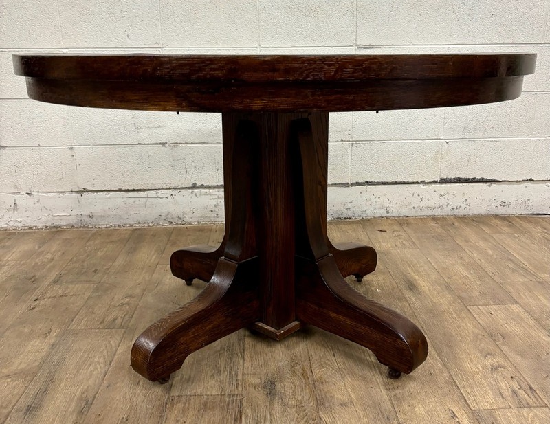 Antique Mission Arts and Crafts Tiger Oak Quarter Sawn Pedestal Dining Table gallery