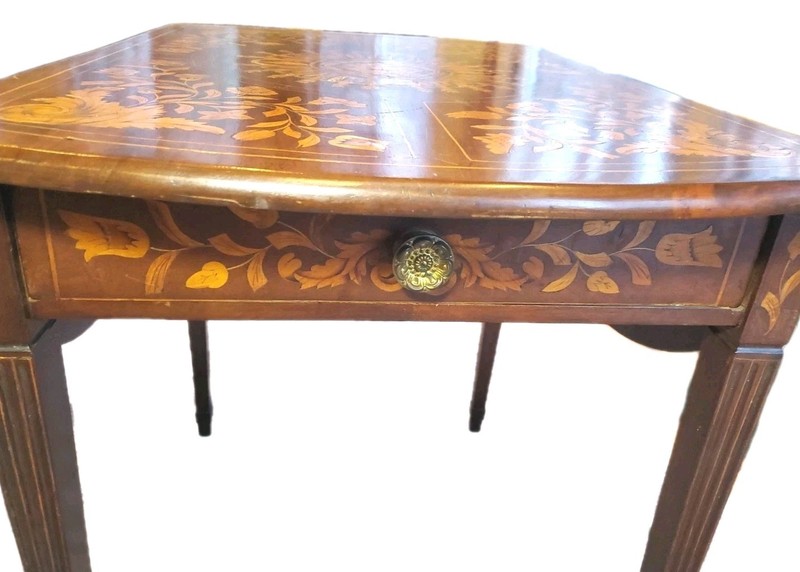 Antique Marquetry Wood Inlaid Floral Dual Drop Leaf Table 29" Tall Single Drawer gallery