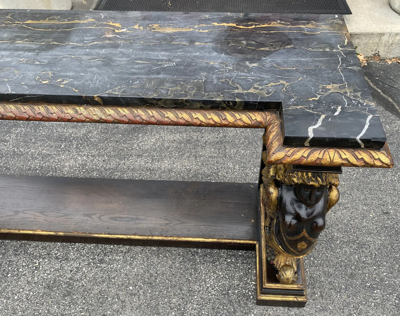 19th/20th c Gilt & Ebonized Marble Top Pier Table with Winged Caryatid Supports gallery