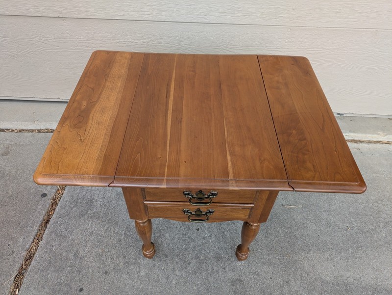 Vintage Rustic Country Colonial Solid Cherry Wood Drop Leaf 2-Drawer End Table A gallery