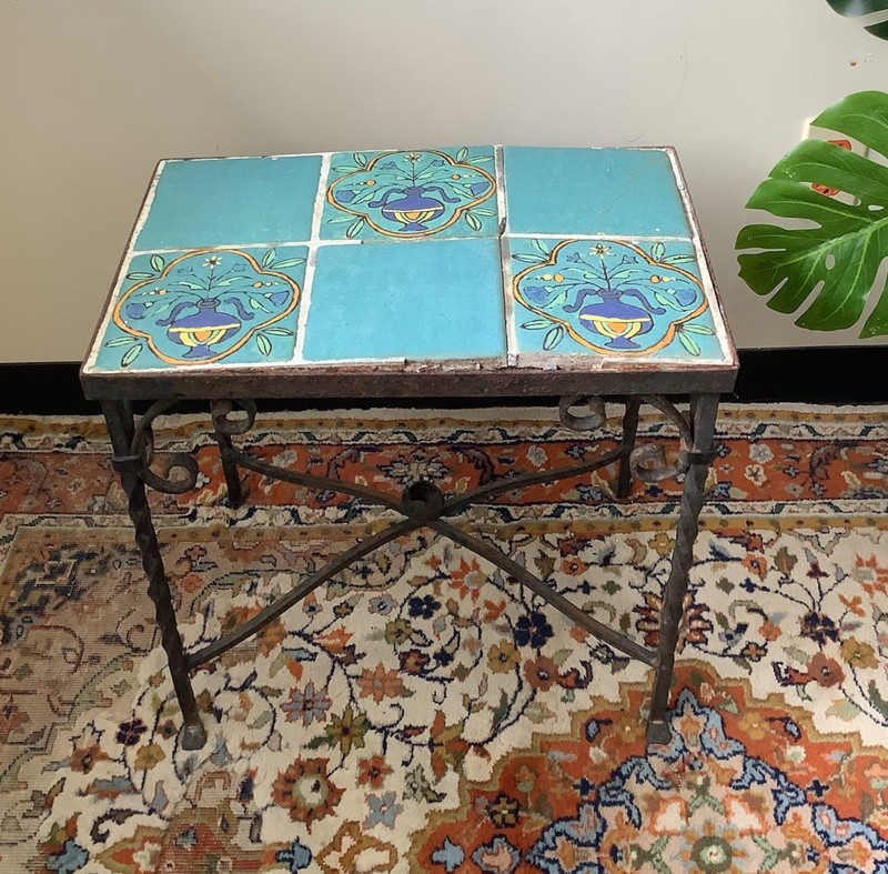 Vintage Wrought Iron Table Ceramic Painted Tiles, Project Piece As Is