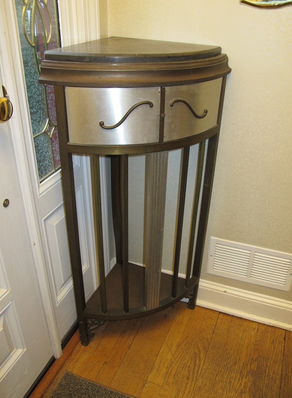 antique brass or bronze corner table pedestal - slate (or stone ?) top gallery