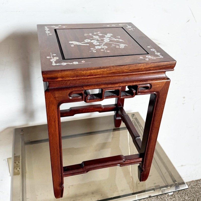 Chinese Wooden and Mother of Pearl Inlay Pedestal/Side Table