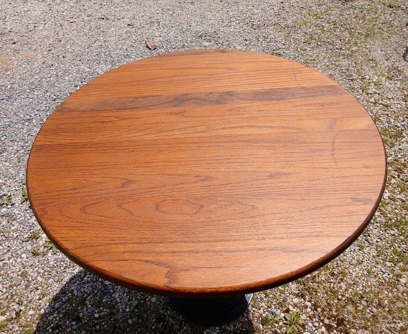 Antique Round Oak Top Pub Table or Game Table with Cast Iron Column Base gallery