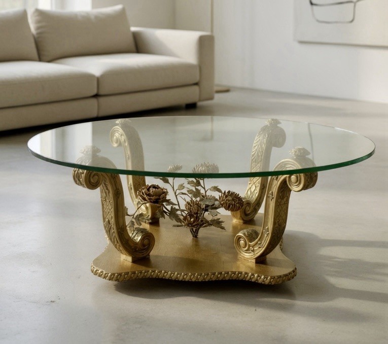 Vintage Hollywood Regency Carved Wood Gilded Coffee Table Glass Top 39” Gold MCM