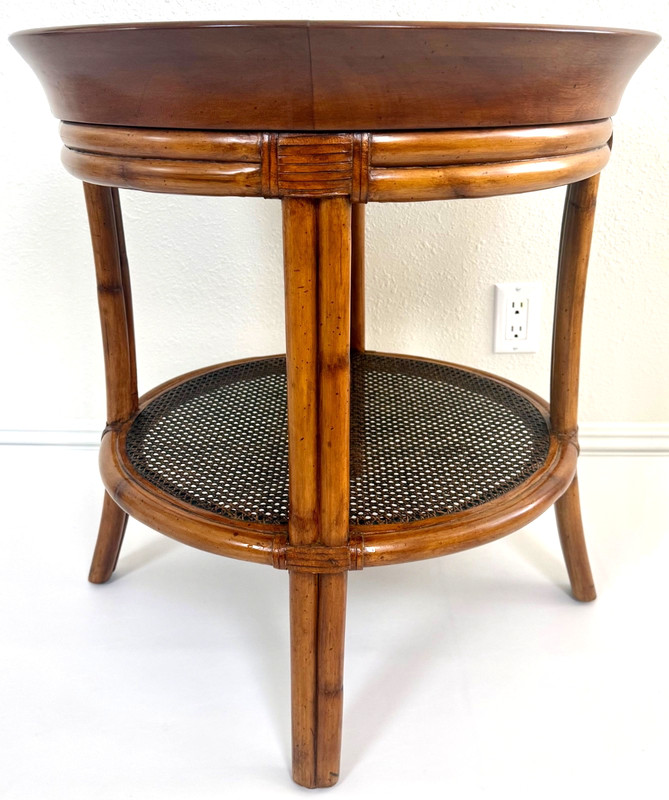Palecek Wood and Rattan Woven Cane Leather Band Accent / Side Table gallery