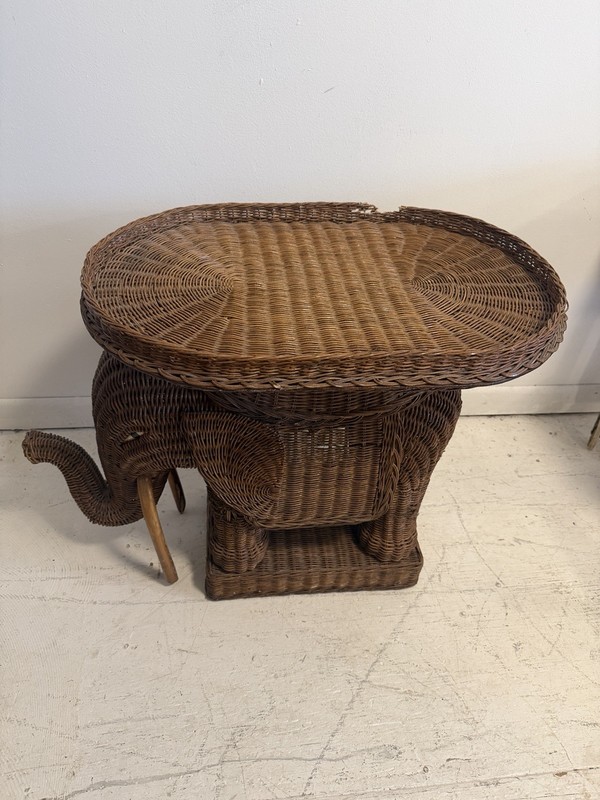 Vintage Elephant Tray Table Natural Wicker Boho 1960s gallery