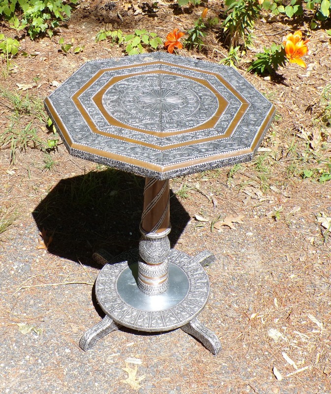 Vintage Moroccan Middle Eastern Style Metal Clad Wood Octagon Table Plant Stand gallery