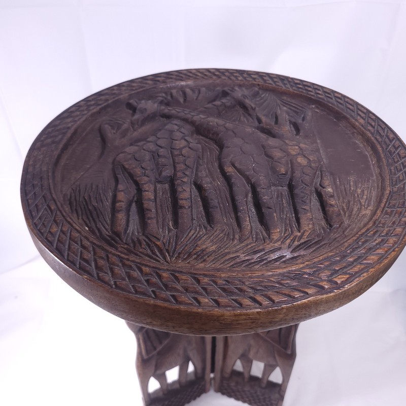 Vintage Hand Carved African Giraffe Table Elephant Folding Legs Small Table READ gallery