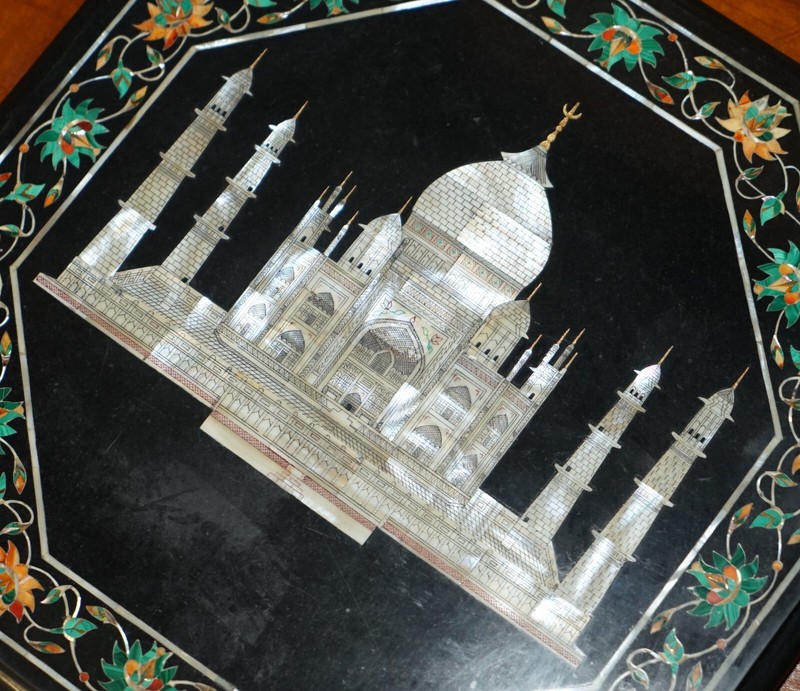 EXQUISITE PIETRA DURA MARBLE & MOTHER OF PEARL TABLE TOP DEPICTING THE TAJ MAHAL gallery