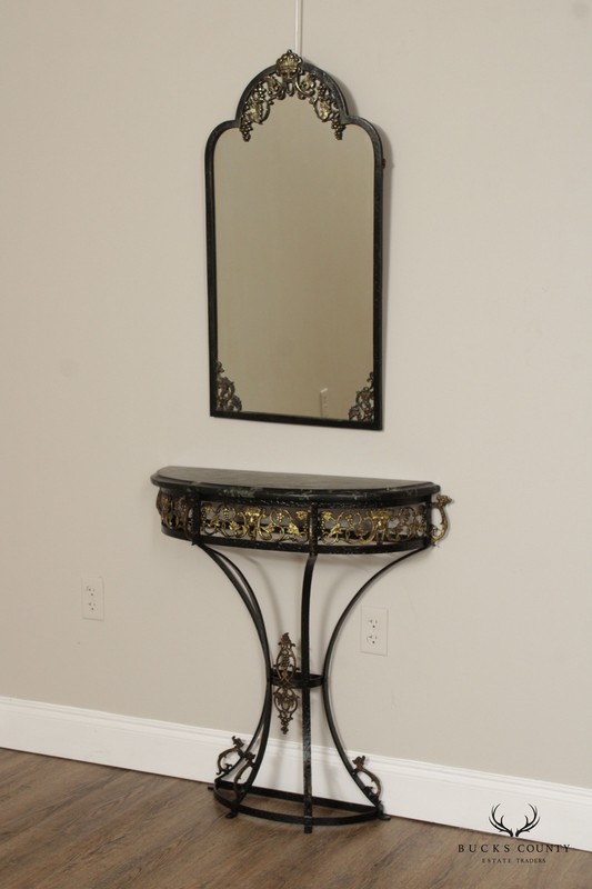 Art Deco Oscar Bach Style Marble Top Wrought Iron Console and Mirror gallery