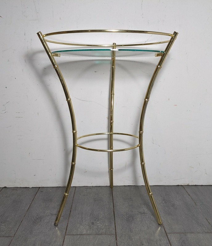 Vintage Mid Century Modern Gold Metal Faux Bamboo Round Glass Table Regency gallery