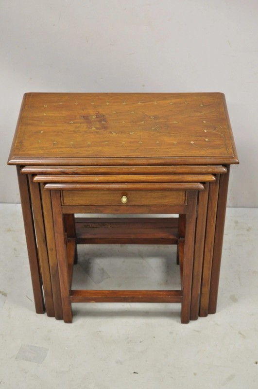 Antique Anglo Indian Brass Marquetry Inlay Nesting Side End Tables - Set of 4 gallery
