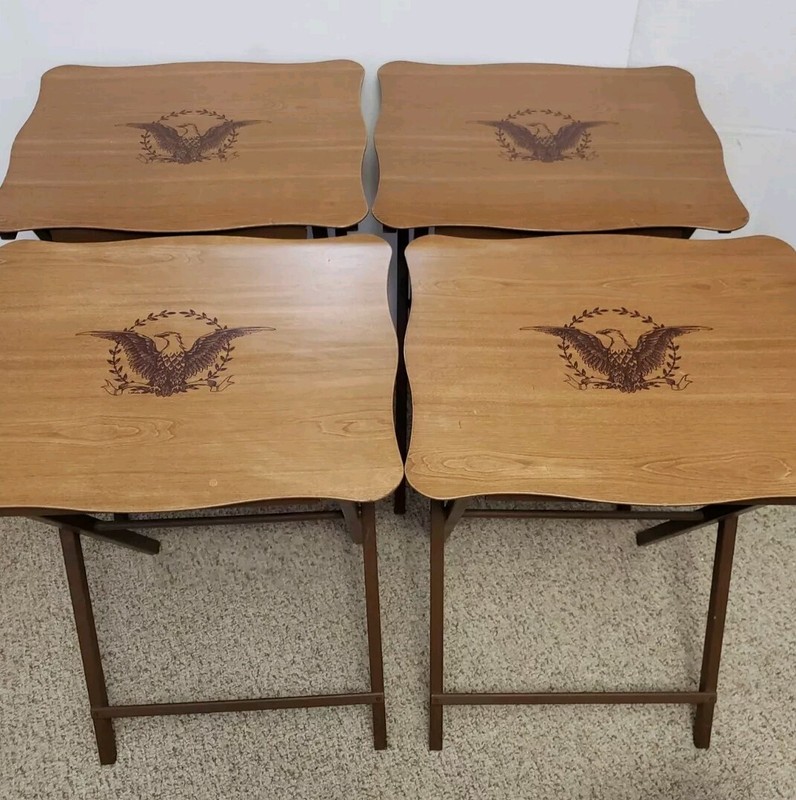 Set 4 Vintage Folding TV Tray Snack Serving Tables Wood Grain With Bald Eagle gallery
