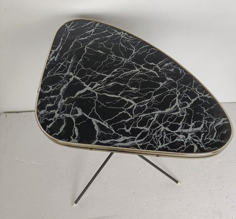 Lovely Small Side Occasional Table Iron Legs marble look top Modernist Vintage gallery