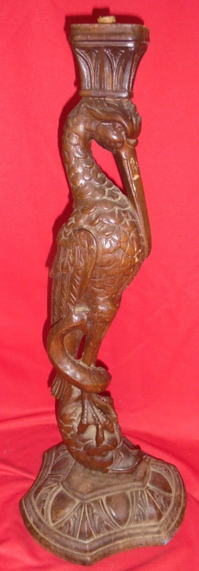 Antique Carved Wood Table / Stand Pedestal Base w/ Pelican Bird & Fish – 25″