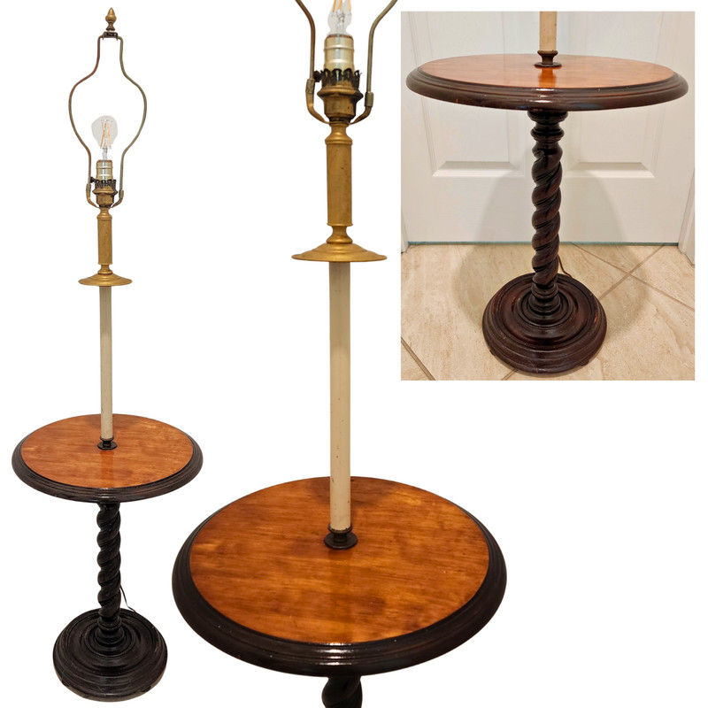 Vintage Carved Barley Twist Column Side Table w/ Integrated Candlestick Lamp 56″