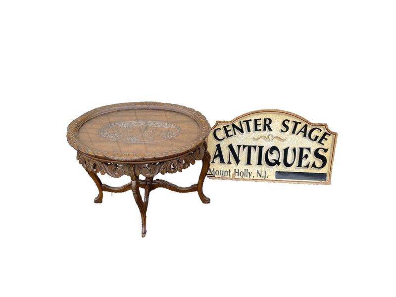 66546 Antique Walnut Tray Top Coffee Table Stand RARE City Scape Design
