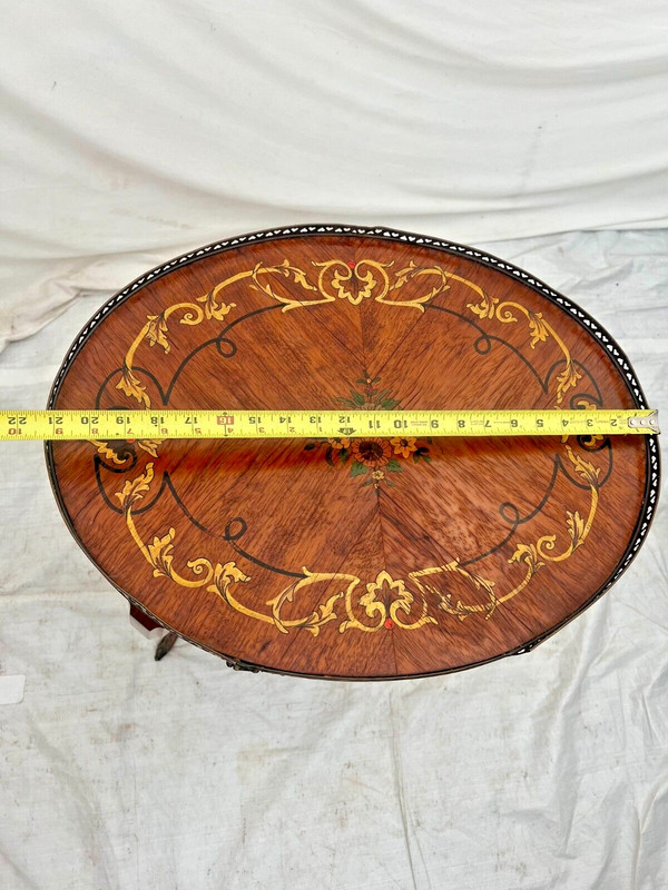 French Oval Table Entry Stand Shelf Drawer Geometric Inlays Hand painted Floral gallery