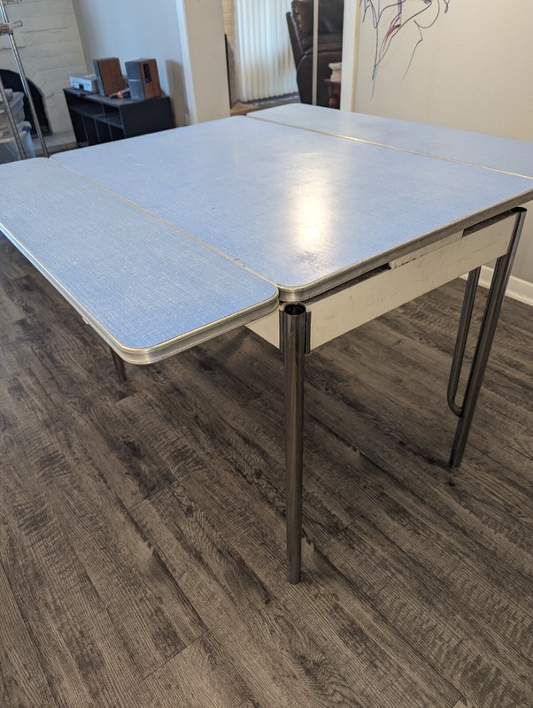 Vintage Blue Formica Table Pull Out Leaves And Chrome Edges And Utensil Drawer gallery