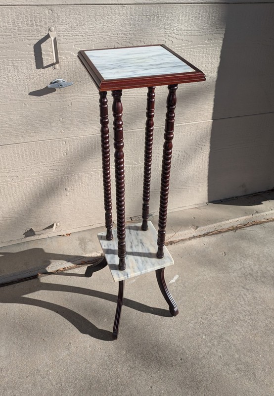 Vintage Marble Top 2-Tier Pedestal Table Bobbin Turned Wood Legs Victorian H63 gallery
