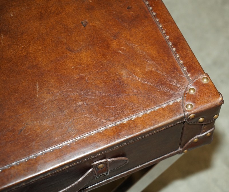 SUPER DECORATIVE HAND DYED BROWN LEATHER LUGGAGE STYLE SIDE TABLE CHROME BASE gallery