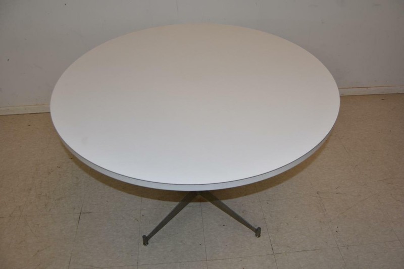 Mid Century Modern Round White Laminate & Aluminum Table Style Of Ray Eames gallery