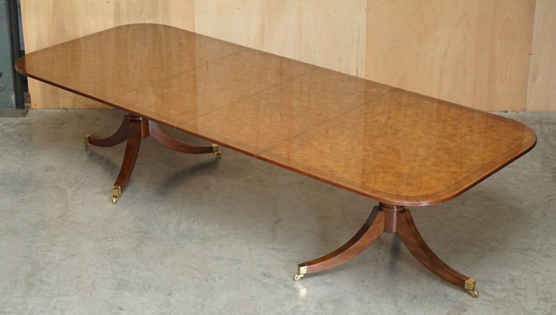 EXQUISITE TWO PEDESTAL BURR WALNUT EXTENDING DINING TABLE & 10 CHAIRS SUITE gallery