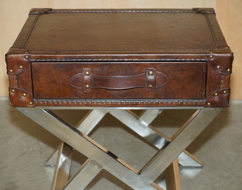 SUPER DECORATIVE HAND DYED BROWN LEATHER LUGGAGE STYLE SIDE TABLE CHROME BASE gallery