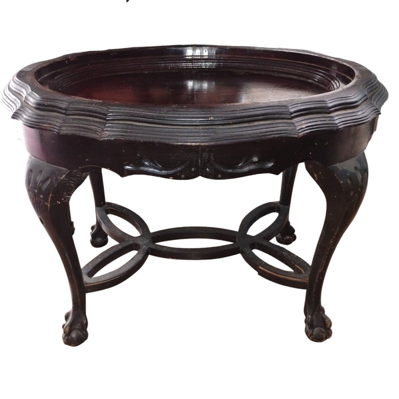 Antique French Carved Small Serving Tray Renaissance Glass Walnut Cocktail Table gallery